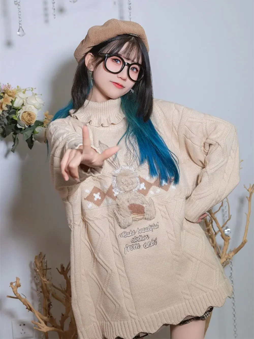 

High neck knitted long jumper female Mori women sweet rabbit embroidery loose versatile twisted blouse female 2024 autumn new