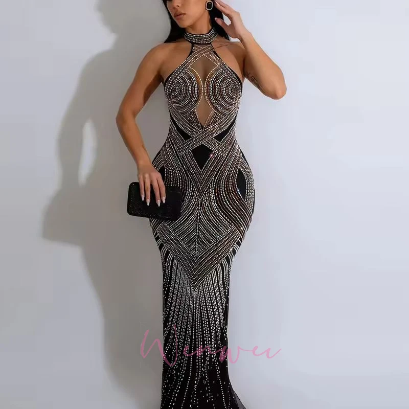Diamonds Party Dress Celebrities Outfits Women's Rhinestones Décor Long Maxi Dress Glam Backless Hallucination Mesh 3 Sa980e3f0915d43c6afa3bdaecc9b8f69n
