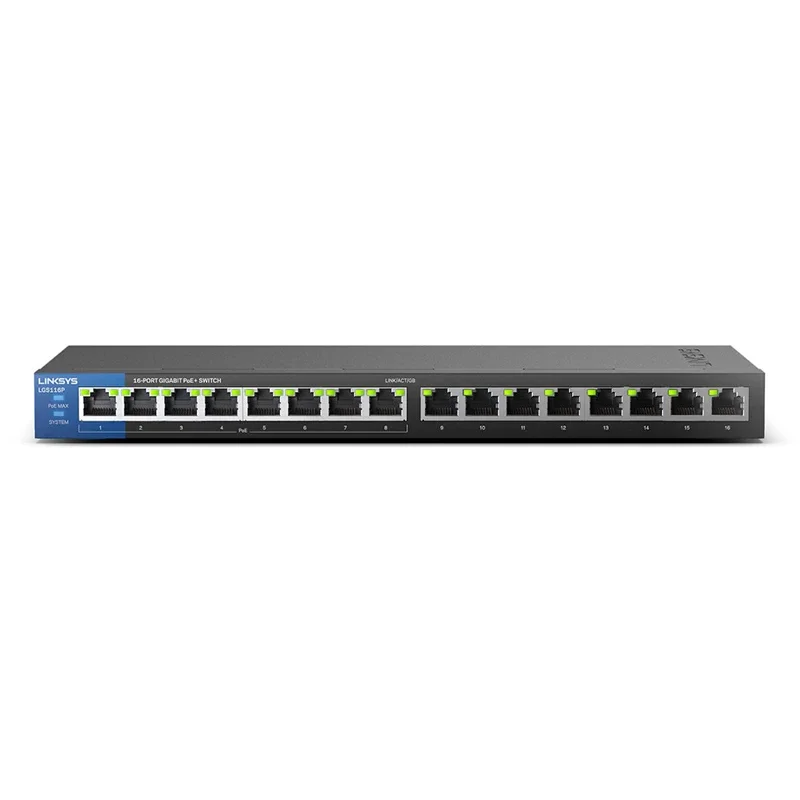 Linksys LGS116P 16-Port Business Desktop Gigabit, PoE+ Switch Wired connection speed up to 1,000 Mbps 16 Gigabit Ethernet 
Linksys LGS116P 16-Port Business Desktop Gigabit, PoE+ Switch Wired connection speed up to 1,000 Mbps 16 Gigabit Ethernet