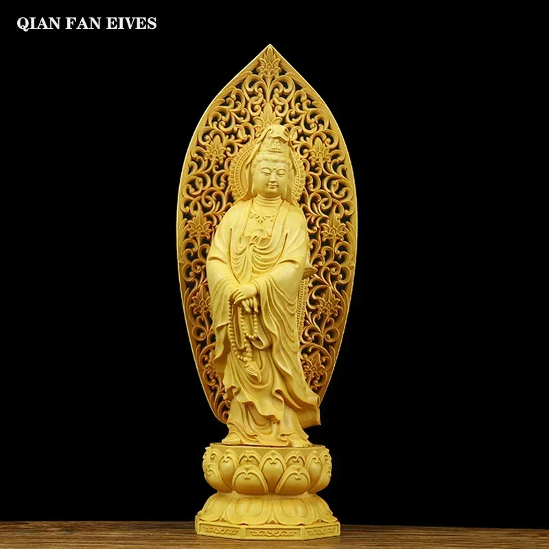 

Solid wood lotus statue of Guanyin ，Wooden hand-carved， Chinese Buddha Statue Exquisite carving Home decoration accessories 27cm