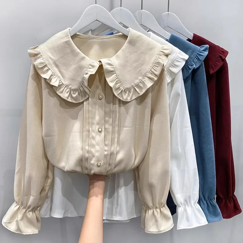 

Vintage Ruffle Corduroy Shirts Women Spring Autumn Elegant Pearl Button Puff Long Sleeve White Blouse Casual Loose Tops V21