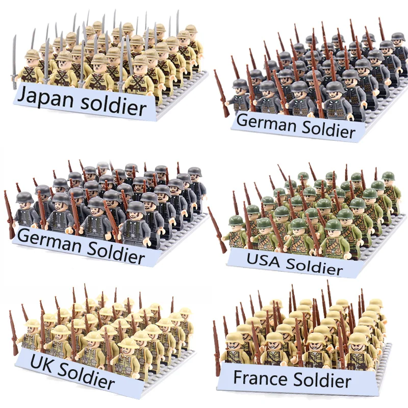 

Hot WW2 Military Army Soldier Soviet US UK German France Building Blocks Set Model Bricks Action Figures Weapon Toys Kids Gift
