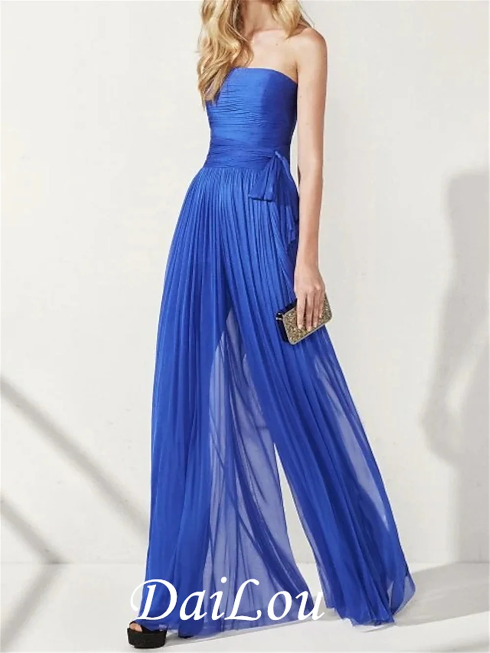 

Jumpsuits Elegant Wedding Guest Formal Evening Dress Strapless Sleeveless Floor Length Chiffon with Ruched Pearls Draping