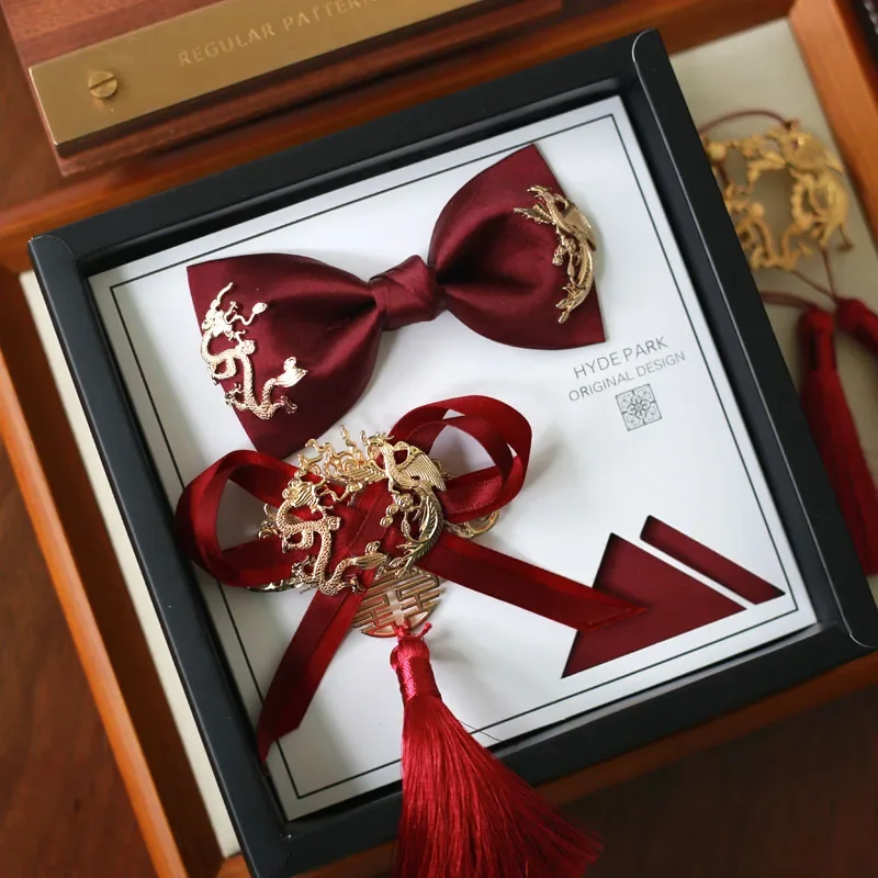 

Свадебный галстук-бабочка для жениха лучшего мужчины дракона Феникса китайская Свадебная Мужская винно-красная Высококачественная подарочная коробка набор для студии