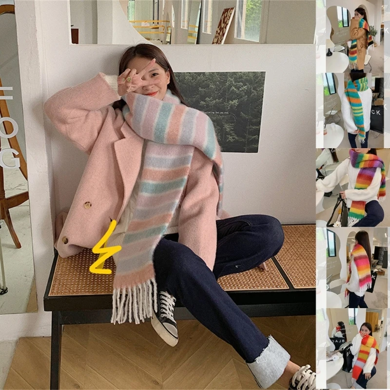 

Fashion Fringed Rainbow Scarf Female Bright Color Scarf Cashmere Like Scarf Pilling Resistant Cold Weather Neck Shawl