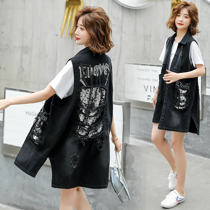 Women Spring Summer Big Size Lapel Denim Sleeveless Jacket Vest Lady Coat Sequin Paillette Hole Ripped Long Jeans Waistcoat Tops
Women Spring Summer Big Size Lapel Denim Sleeveless Jacket Vest Lady Coat Sequin Paillette Hole Ripped Long Jeans Waistcoat Tops