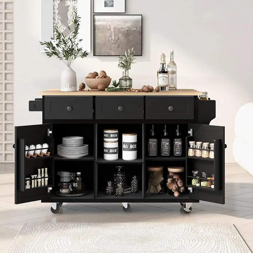 

Mobile Kitchen Island Cart Cabinet with Door Internal Storage Racks, 3 Drawers and 5 Rolling Wheels for Dining Room