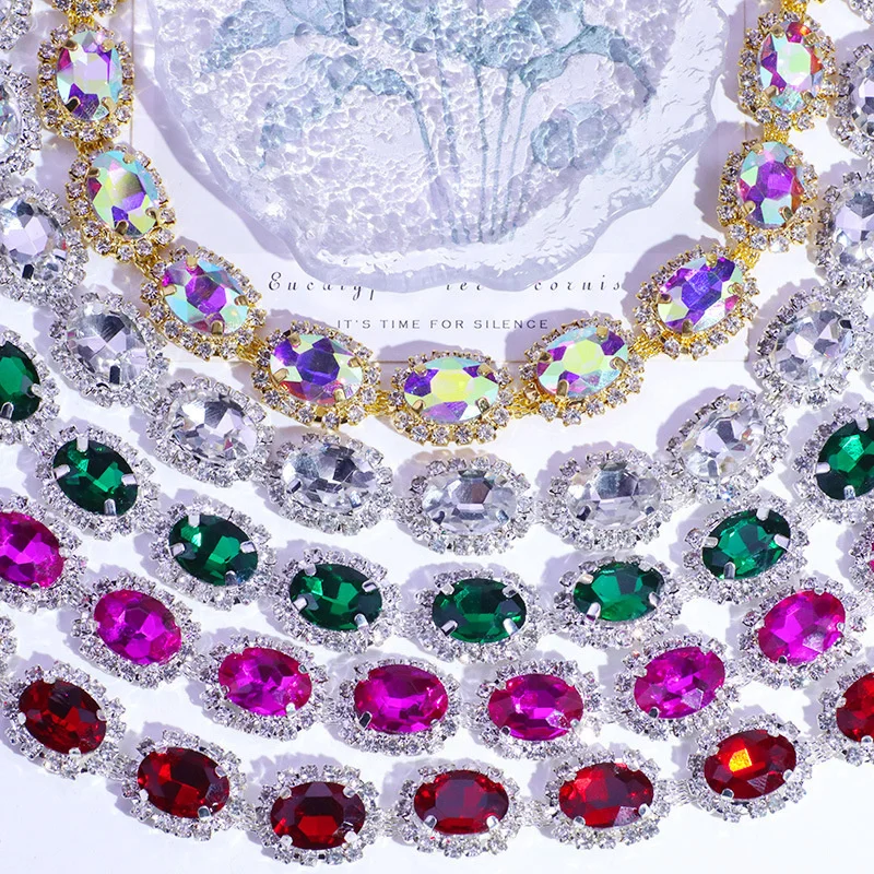 

85CM New Red Green Zircon Rhinestone Chain Oval Glass Crystal AB Colored Crystal Claw Chain For Sewing Craft Diy Decoration
