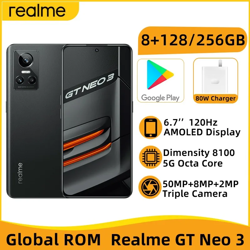 

Global ROM realme GT Neo 3 80W 12GB 256GB Dimensity 8100 Octa Core 6.7'' 120Hz AMOLED Screen 5000mAh Battery 50MP Triple Camera