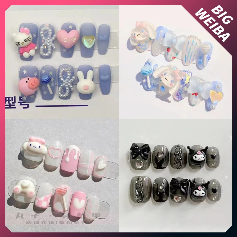 

Kawaii Hello Kitty Kuromi Cinnamorol Mymelody Fake Nails Detachable Short Nails Cartoon Convenience Full Cover Nail Tips