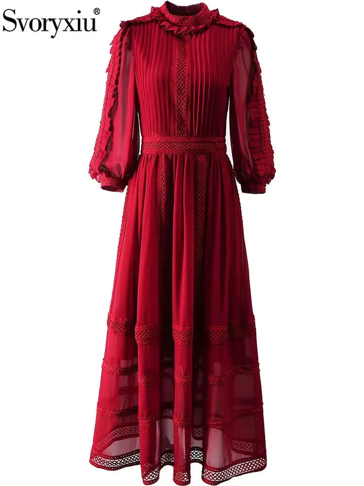 

Svoryxiu Fashion Designer Autumn Party Burgundy Vintage Long Dress Women's Stand Collar Pleated Lantern Sleeve High Waist Dress