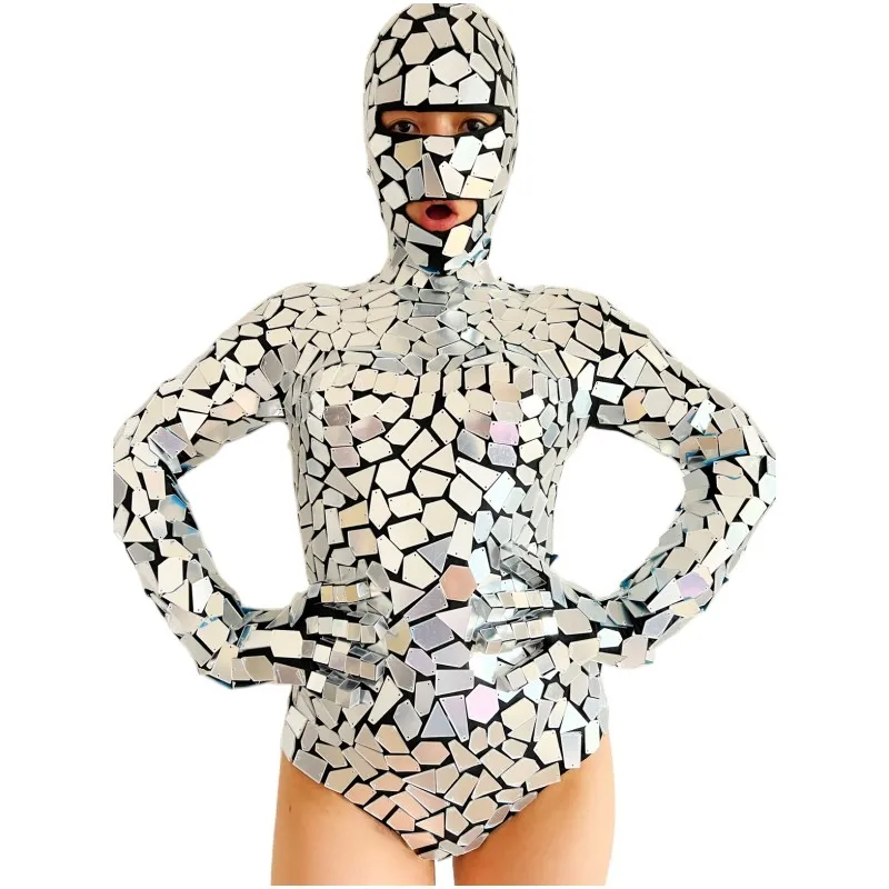 

Silver Mirrors Bodysuit With Gloves Women Dancer Stage Performance Clothes Future Technology Machine Dance Costume Bar Nightclub