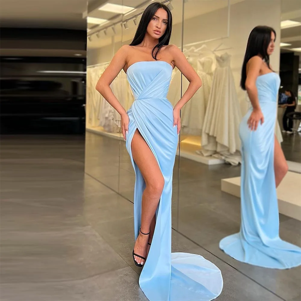 

Xijun небесно-голубое атласное платье русалки для выпускного вечера с разрезом сбоку Плиссированное женское платье без бретелек свадебное платье 2022