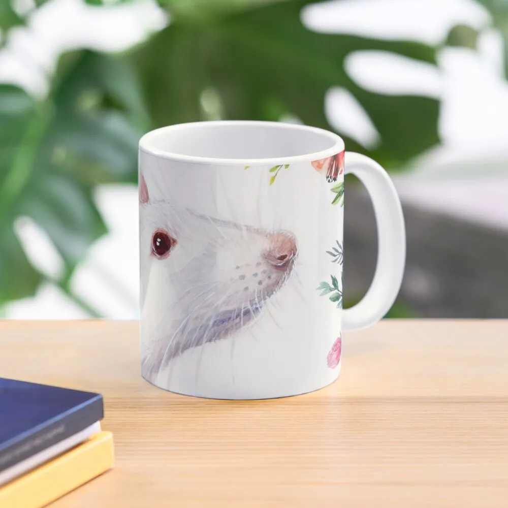 

White Rat and Red Flowers Watercolor Floral Animal Coffee Mug Funnys Cups For And Tea Customs Original Breakfast Cups Mug