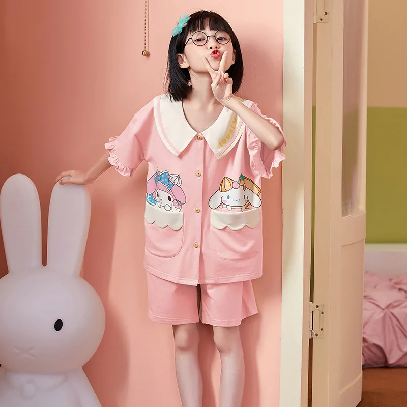 

Kawaii Sanrio Cinnamoroll детские пижамы Kuromi для девочек хлопковый комплект с коротким рукавом милый мультфильм ледяной шелк длинный рукав брюки домашняя одежда