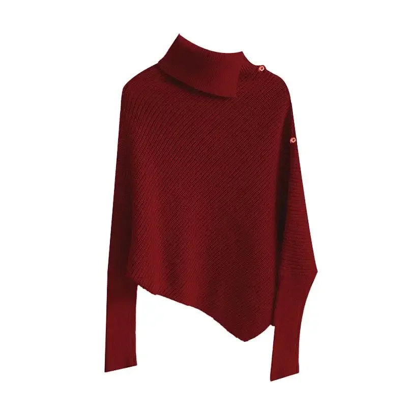 

Fashion Turtleneck Spliced Button Asymmetrical Sweaters Female Clothing Winter Loose Casual Pullovers Batwing Sleeve Tops E681