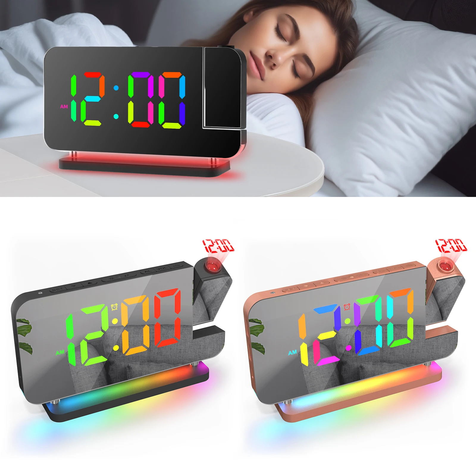 Цифровой будильник, проекция на потолок, настенный, с RGB подсветкой, большой дисплей, USB зарядка
Цифровой будильник, проекция на потолок, настенный, с RGB подсветкой, большой дисплей, USB зарядка