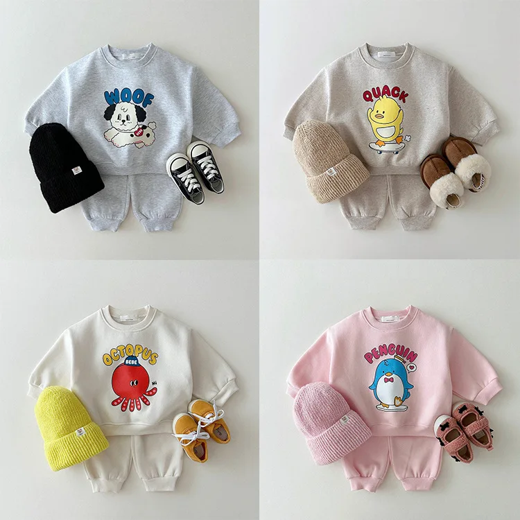 

Korean 2024 Spring Children Girl 2PCS Clothes Set Cotton Cartoon Duck Pullovers Suit Solid Jogger Sweatpant Baby Gigrl Tracksuit