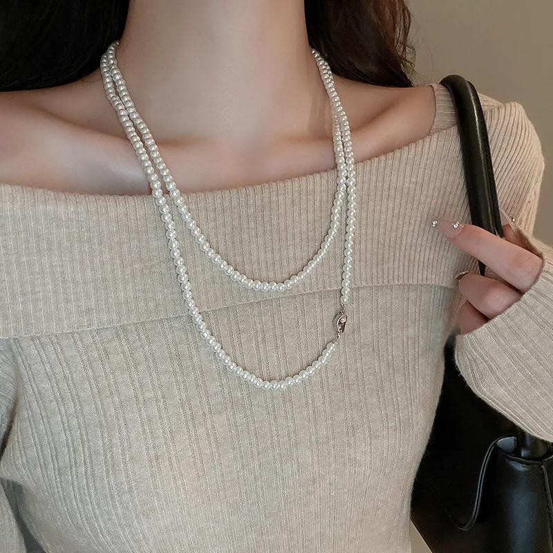 

Retro Multi-Layer Adjustable Twin Pearl Necklace French Sweater Clavicle Chain Necklace Women