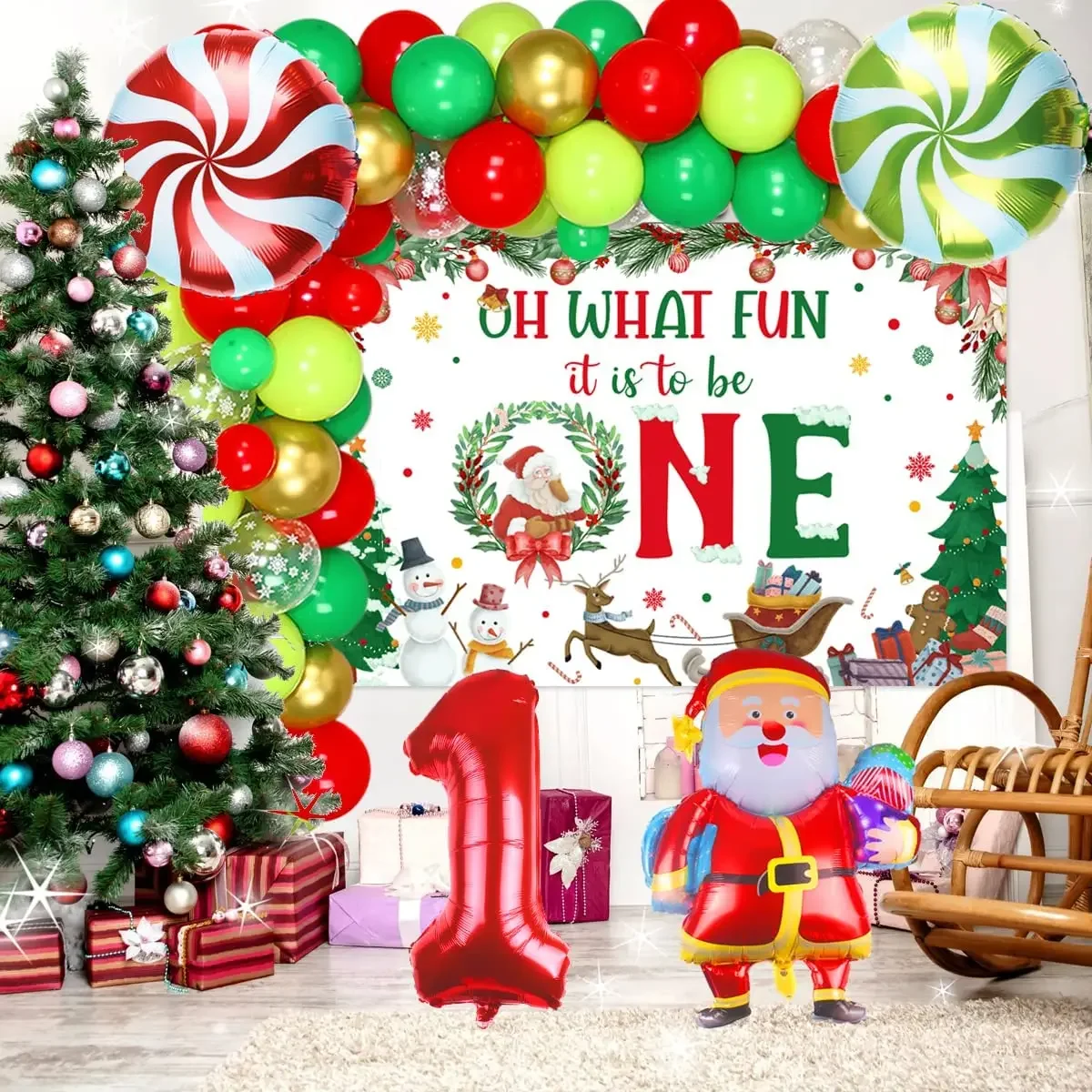 

Christmas Balloon Garland Arch Kit with Oh What Fun It Is To Be One Backdrop for Boys or Girls Winter Holiday 1st Birthday Party