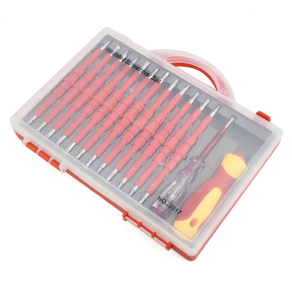 Ergonomic TPR Handle 14 in 1 Insulated Screwdriver Kit Red Colour Magnetic Screwdriver Set Chrome Vanadium Steel
Ergonomic TPR Handle 14 in 1 Insulated Screwdriver Kit Red Colour Magnetic Screwdriver Set Chrome Vanadium Steel