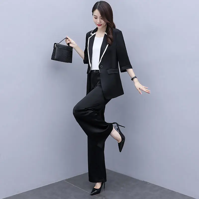 

Women Spring Summer Thin Blazers Pants Two Piece Set Office Lady Graceful Patchwork Suit Coats Trousers Outfits Workwear Female