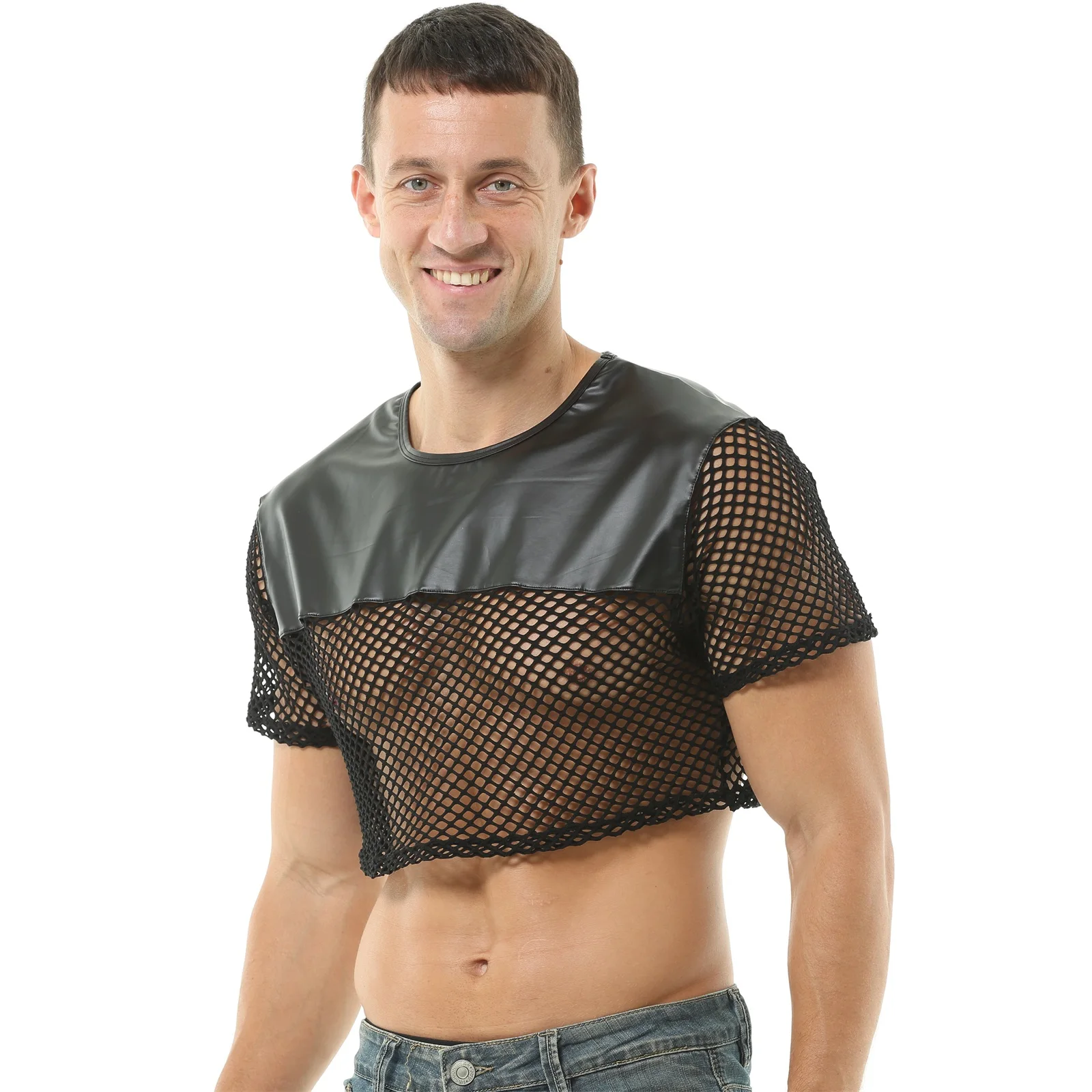 CLEVER-MENMODE Mens Sexy Crop Tops PU Leather Mesh Lingerie O-Neck Mini Vest Tanks Short Sleeve Muscle Clubwear Erotic Costume
CLEVER-MENMODE Mens Sexy Crop Tops PU Leather Mesh Lingerie O-Neck Mini Vest Tanks Short Sleeve Muscle Clubwear Erotic Costume