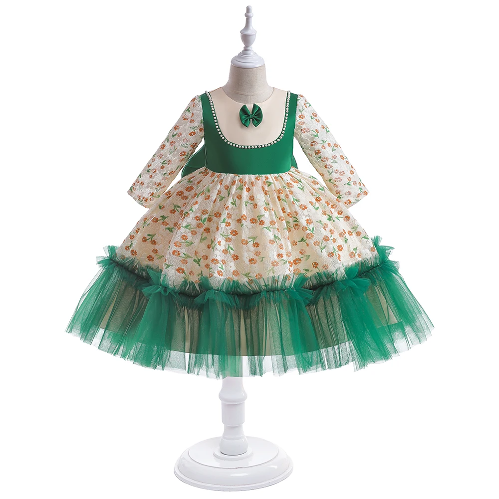 

Новое платье принцессы с цветочным рисунком, элегантное детское зеленое платье с длинным рукавом и бантом для рождественской вечеринки для девочек, детской свадьбы