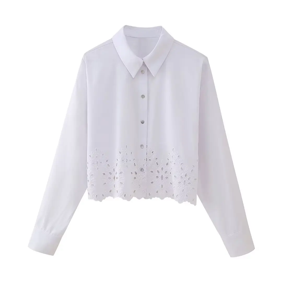 

Women's 2024 New Chic Fashion Joker Openwork Embroidered Short Shirt Retro Long Sleeve Button Blouse Chic Top.