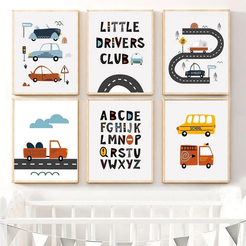 

Nursery Letter Education Poster and Prints Cartoon Car Road Wall Art Canvas Painting Kindergarten Wall Pictures Kids Room Decor