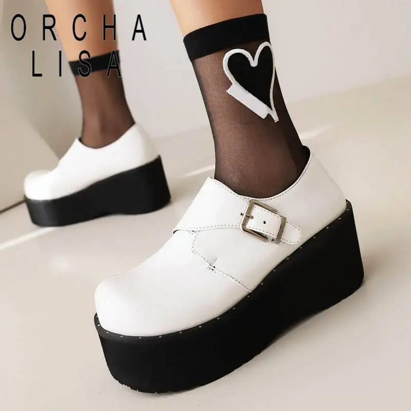 

ORCHA LISA Ladies Pumps Patent Leather Round Toe Wedges 7cm Platform Hill 5cm Buckle Strap Leisure Goth Women Shoes Plus Size 43