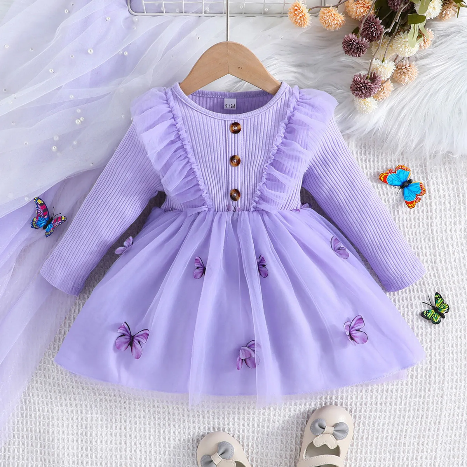 

1 2 3 4Y Toddler Infant Kids Baby Girls Dresses Long Sleeve Butterfly Ribbed Patchwork Tulle Tutu Dresses Party Fall Outfits