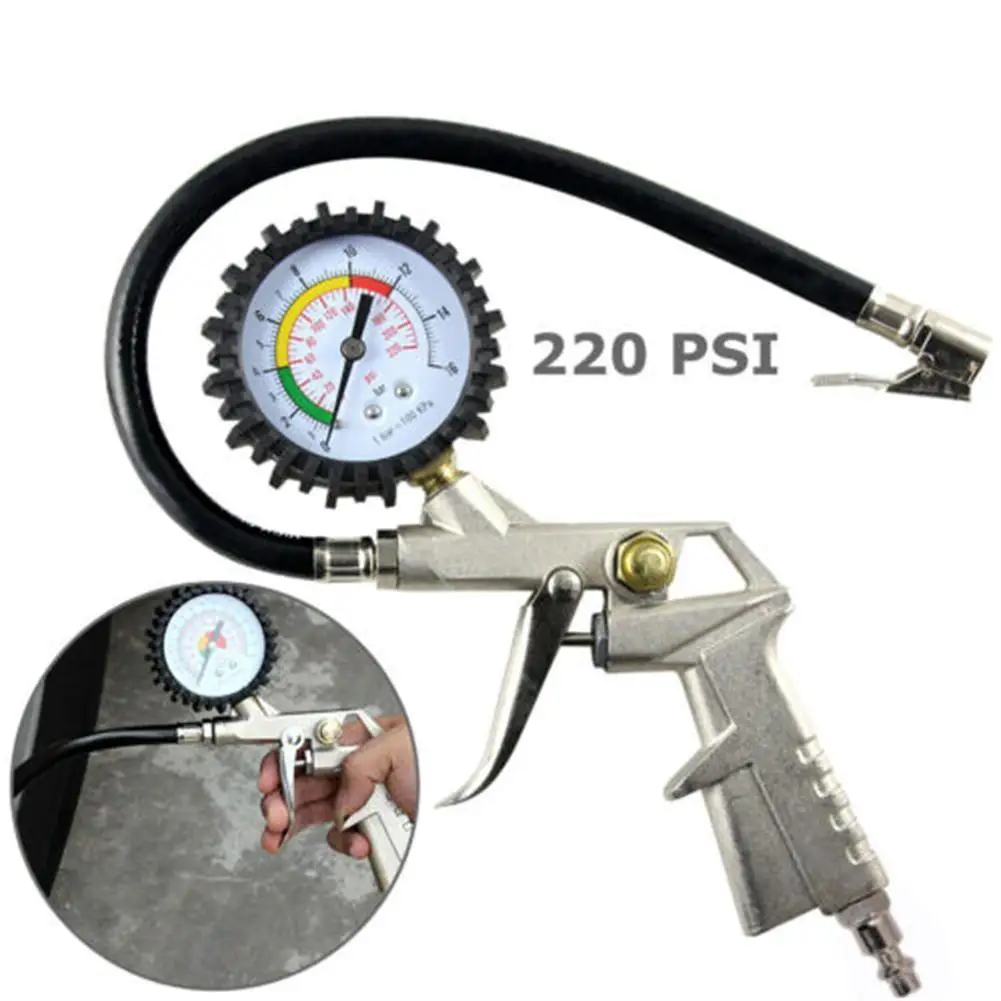 Tire Inflator Gauge With Flexible Hose 220 Psi Pistol Style Pneumatic Air Chuck Suitable For Most Pumps
Tire Inflator Gauge With Flexible Hose 220 Psi Pistol Style Pneumatic Air Chuck Suitable For Most Pumps
