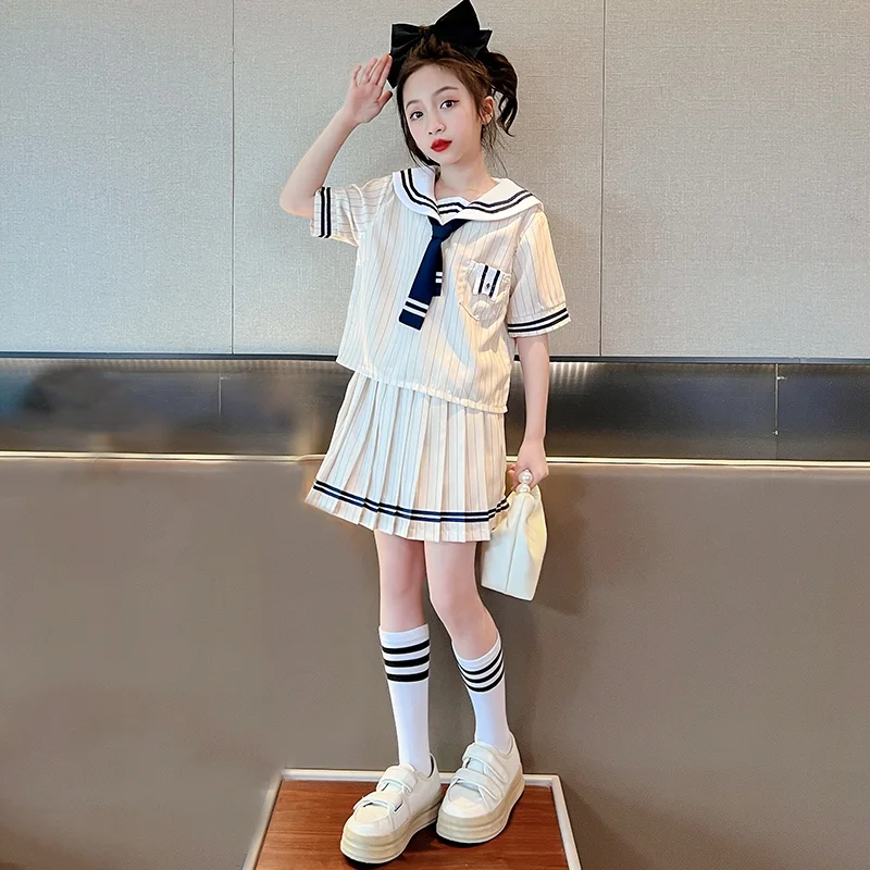 

2024 Girls Summer JK Uniform Set Short Sleeve Top and Pleated Skirt 2PCS Suits School Uniform Teenage Girl' Clothes Striped Sets