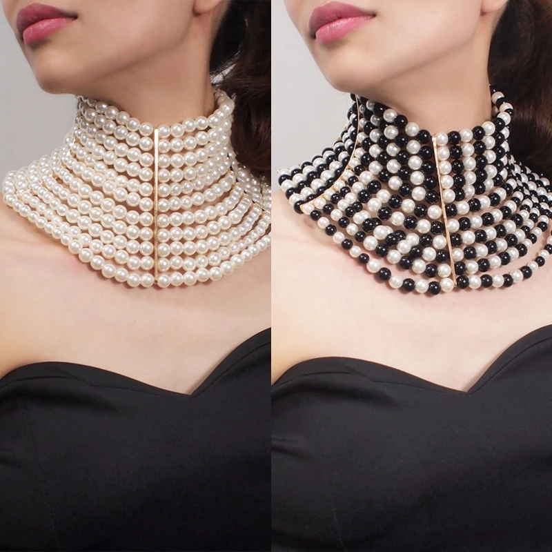

Women Vintage Exaggerated Choker Multi Strands Layered Imitation Pearl Jewelry High Collar Statement Necklaces for Wedding Dress
