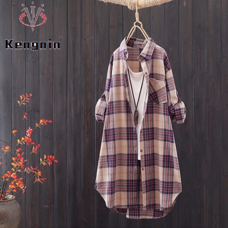 

Chiffon Shirts Woman 2022 Autumn Loose Plus Size Office Lady Work Casual Blouse Long Sleeve Print Plaid Female Blause Tops KN437