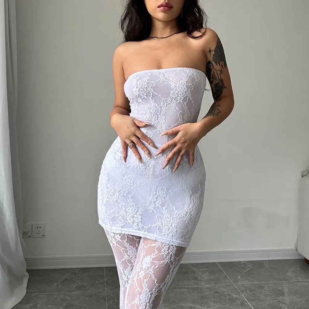

Women See Through Lace Strapless Bodycon Mini Dress Stockings Club Party Costume Suits Night Sleepwear Sexy Two Piece Set