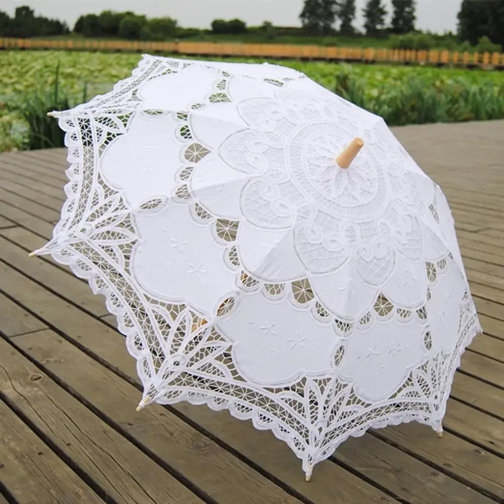 

New Sun Umbrella Cotton Embroidery Bridal Umbrella White Ivory Lace Parasol Umbrella Decorative 우산 for Wedding 파라솔