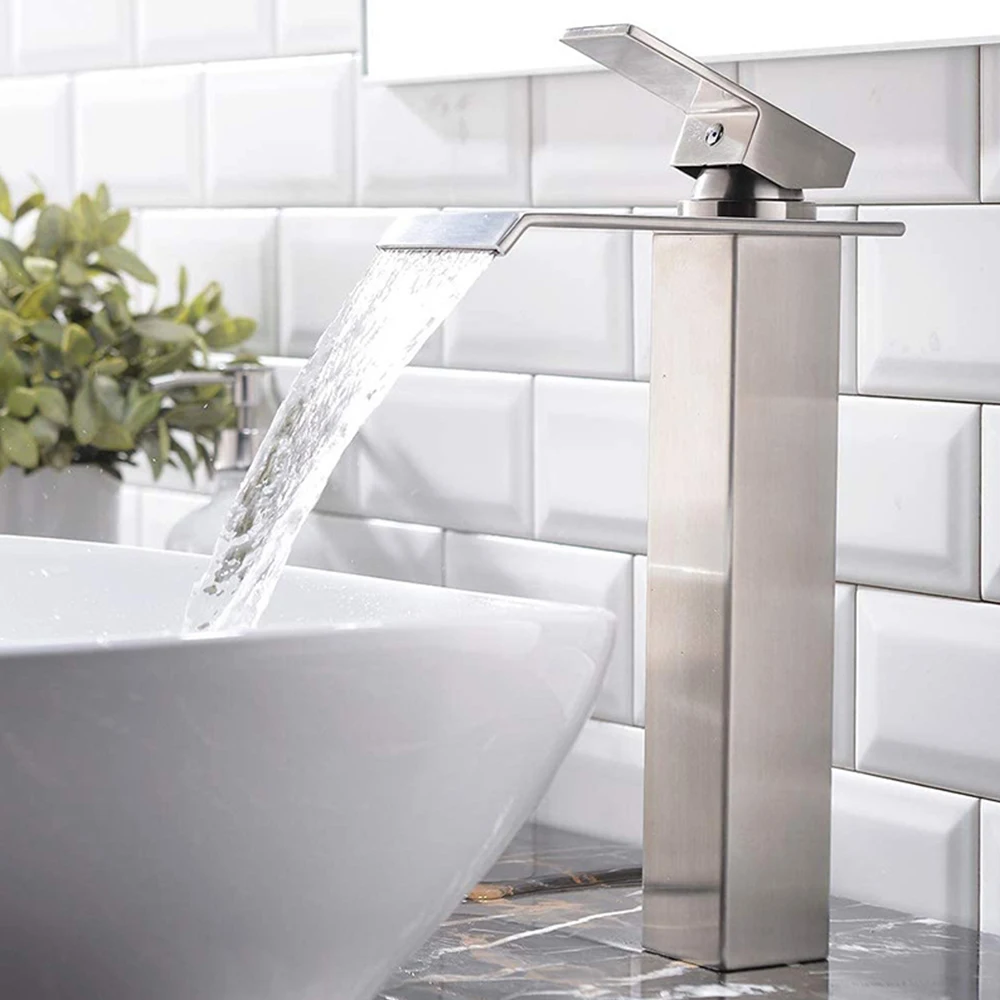 

SKOWLL Waterfall Bathroom Faucet Single Handle Vessel Sink Faucet Deck Mount Vanity Faucet Modern Basin Faucet, Brushed Nickel