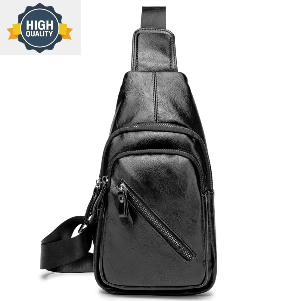 

Men's Quality High Chest Bag Classic Black Pu Leather Male Crossbody Fashion All-Matched Textured Single Shoulder