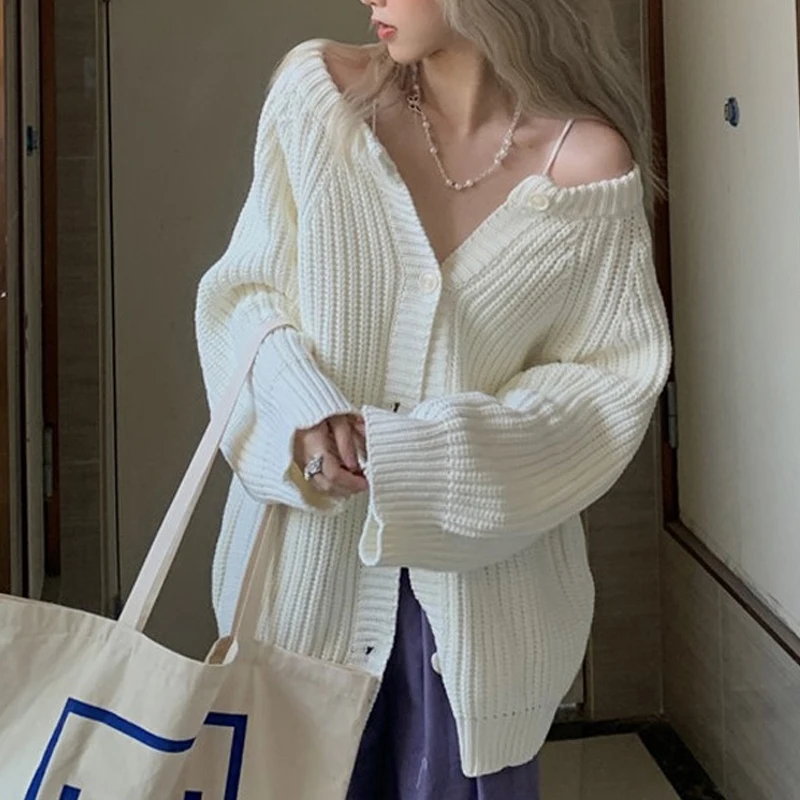 

Sweet Raglan Long Sleeve Cardigan Casual White Sweater Coat Autumn Solid Color Tops Korean Style Knitted Sweater Jacket 29095