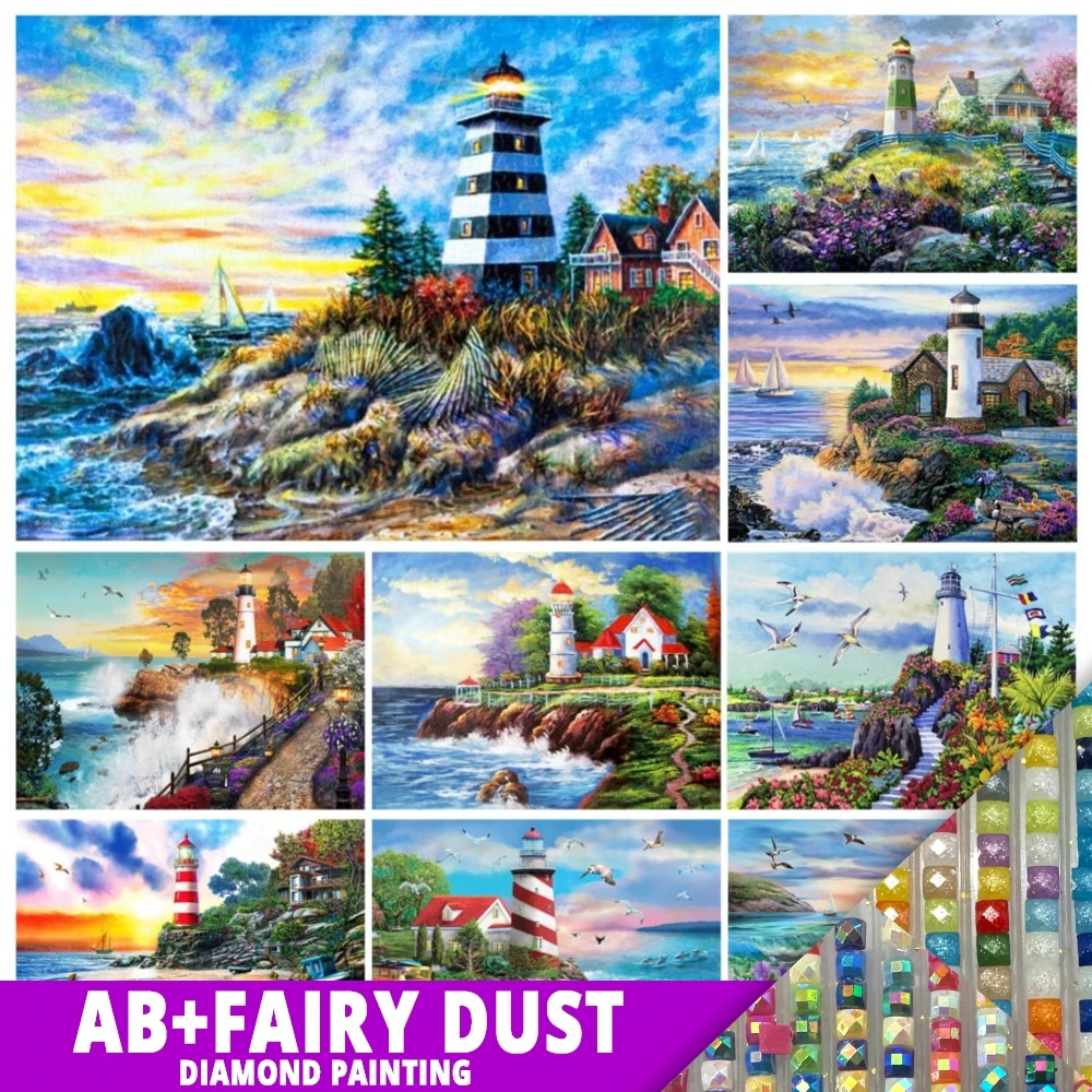 

AB Fairy Dust 5D DIY Diamond Painting Landscape Lighthouse Seaside Square Embroidery Set Mosaic Art Picture Home Decor