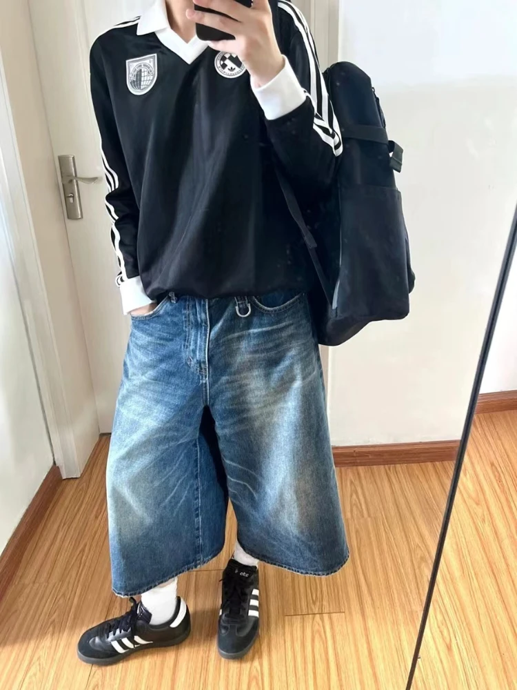 

ADAgirl Jean Shorts for Women Harajuku Fashion Loose Do Old Wide Leg Calf-Length Denim Pants Hip Hop Retro Summer Causal Bottoms