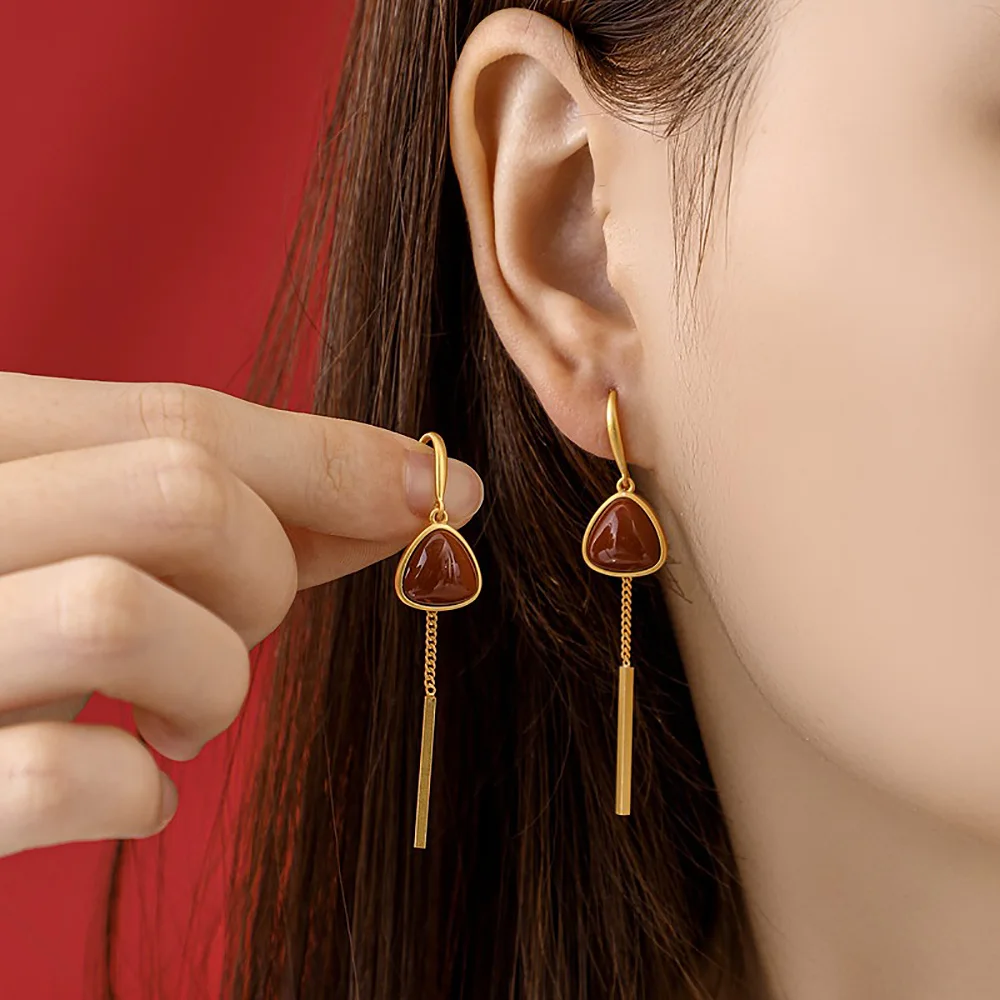 Natural Hotan Jade Gold Plated Earrings Red Agate Triangle Tassels Dangle Earrings Jewelry For Woman Items With Free Shipping
Natural Hotan Jade Gold Plated Earrings Red Agate Triangle Tassels Dangle Earrings Jewelry For Woman Items With Free Shipping