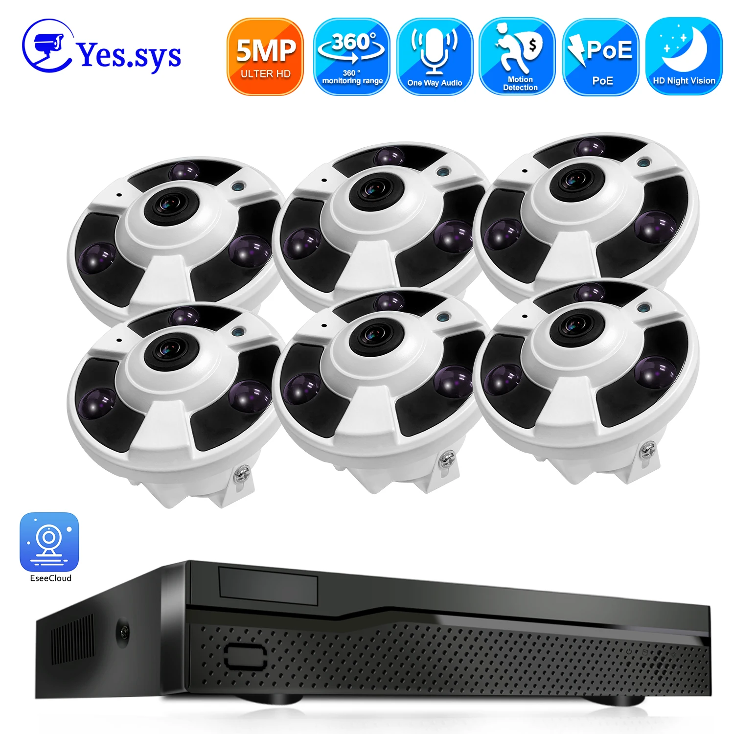 

Eyes.sys 6pcs 5MP Fisheye 360 Degree Wide Angle Panoramic Security Camera 8CH POE NVR Security CCTV System