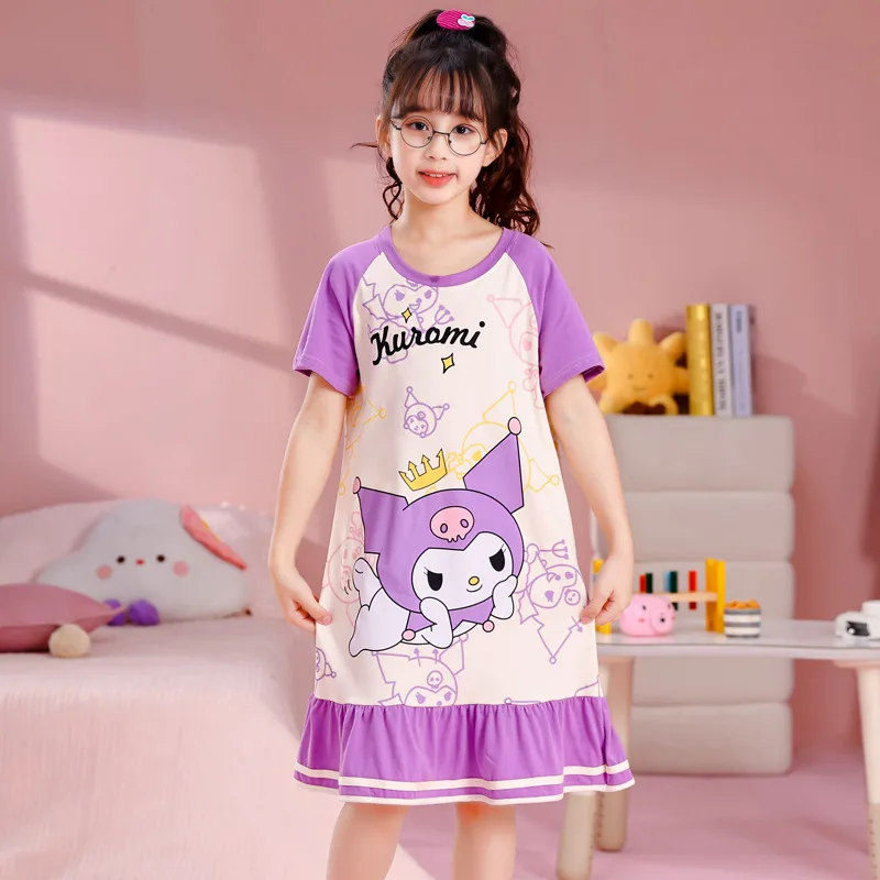 

2024 Summer Girls Nightgown Kids Sleepwear Cute Cotton Nightdress Children's Pajamas Anime Cinnamoroll Kuromi My Melody Homewear
