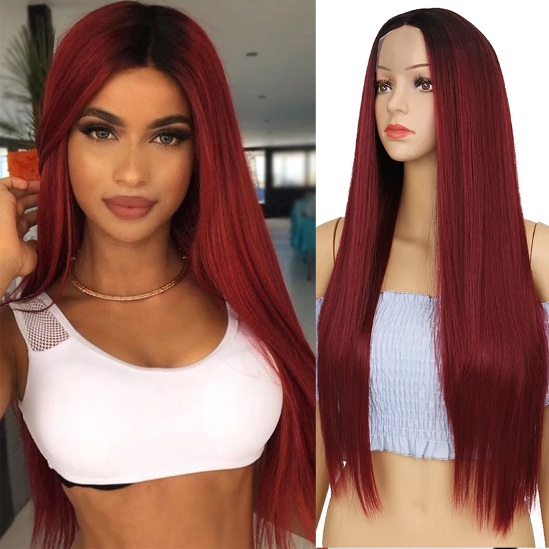 

TALANG Synthetic Wig Front Lace Black On The Top Dark Red Long Straight Hair 31inch For Women Cosplay Everyday Wear