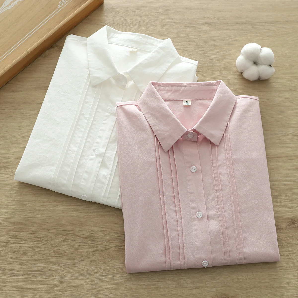 

Блузка женская плиссированная в японском стиле, 100% хлопок, белая/розовая, Топ с длинным рукавом, Базовая рубашка, 2024