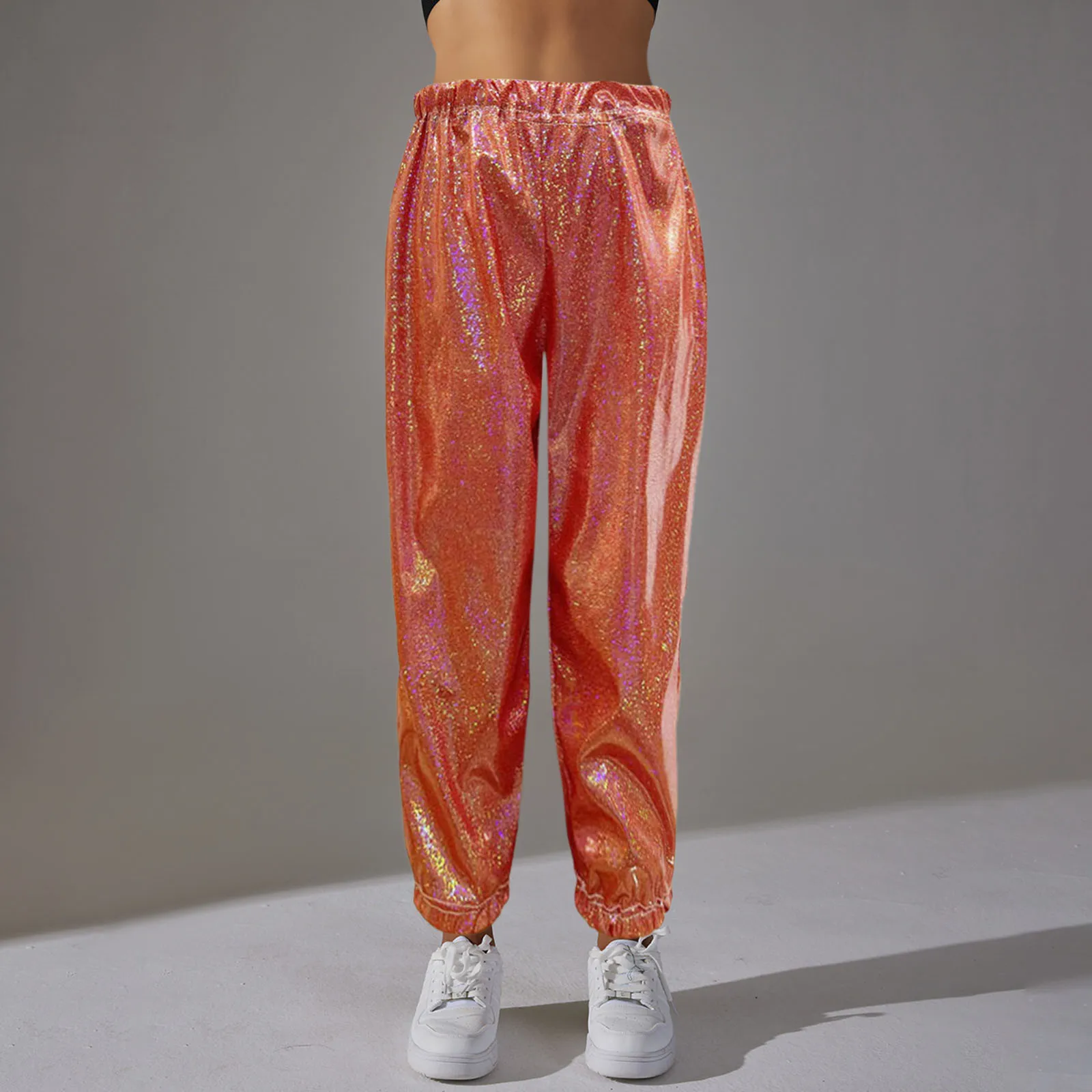 

Women High Waist Metallic Jogger Pants Reflective Trousers Shiny Holographic Pants Loose Hip Hop Dance Pants Bottoms Streetwear