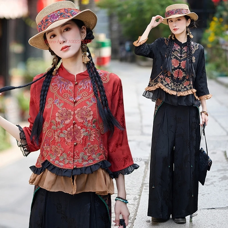 

2024 traditional chinese vintage blouse national flower embroidery jacquard blouse oriental lace patchwork folk coat hanfu tops